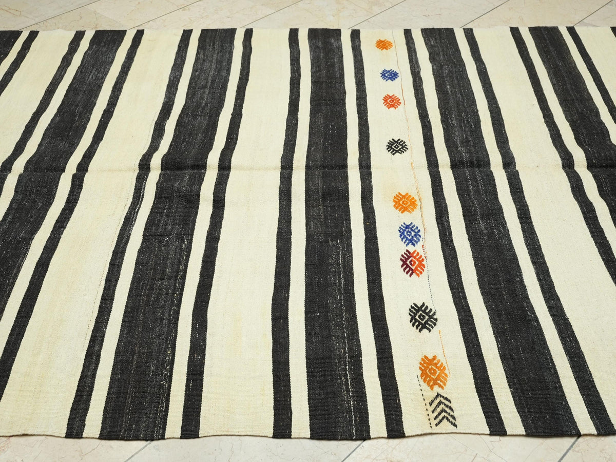 Mid Century Modern Kilim Rug: Dark Brown and Cream Stripe Turkish Rugs, 6x13,3 Feet.