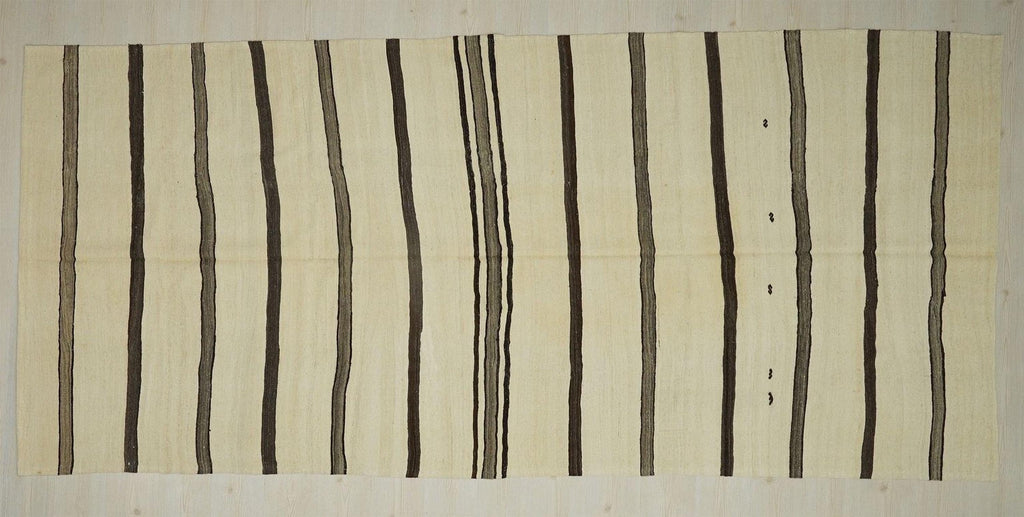 Old Turkish Kilim Rug: Brown & Cream Stripe Minimalist Home Style Decor Rugs, 5.4x12.
