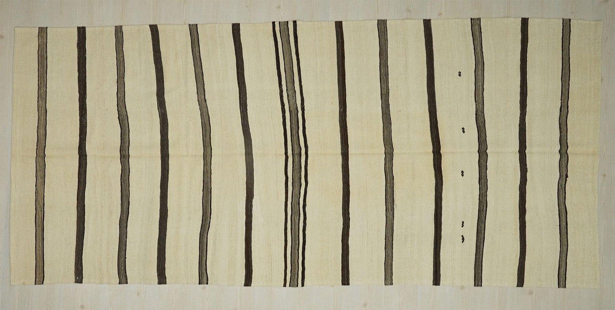 Old Turkish Kilim Rug: Brown & Cream Stripe Minimalist Home Style Decor Rugs, 5.4x12.
