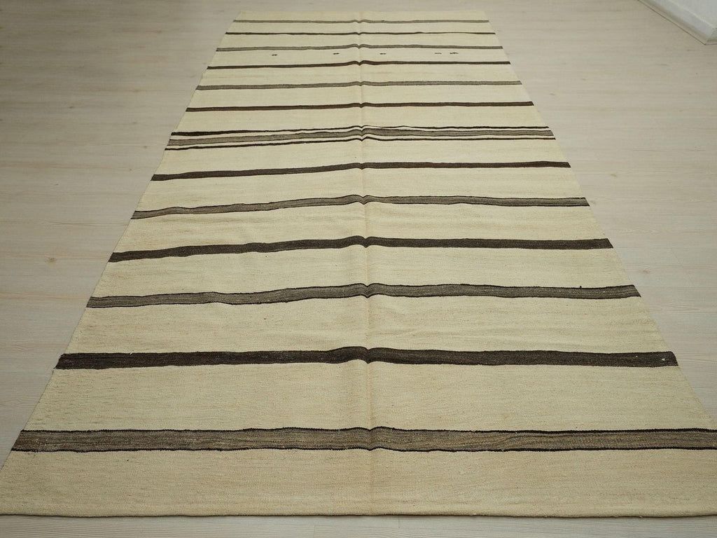 Old Turkish Kilim Rug: Brown & Cream Stripe Minimalist Home Style Decor Rugs, 5.4x12.