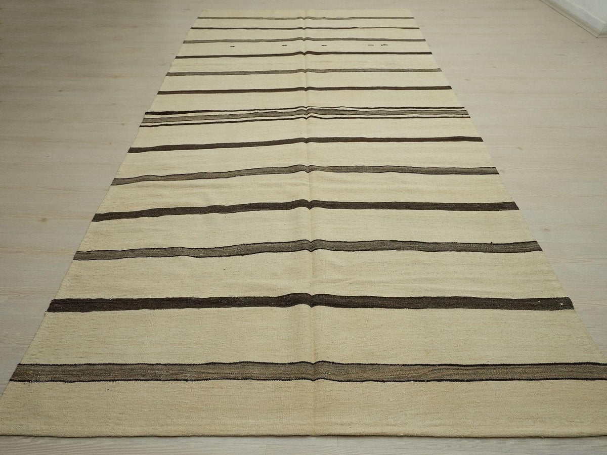 Old Turkish Kilim Rug: Brown & Cream Stripe Minimalist Home Style Decor Rugs, 5.4x12.