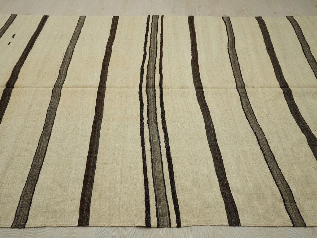Old Turkish Kilim Rug: Brown & Cream Stripe Minimalist Home Style Decor Rugs, 5.4x12.
