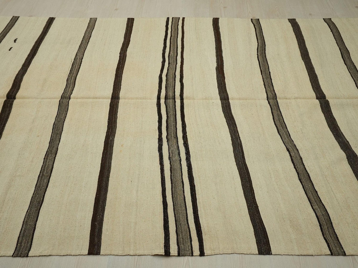 Old Turkish Kilim Rug: Brown & Cream Stripe Minimalist Home Style Decor Rugs, 5.4x12.