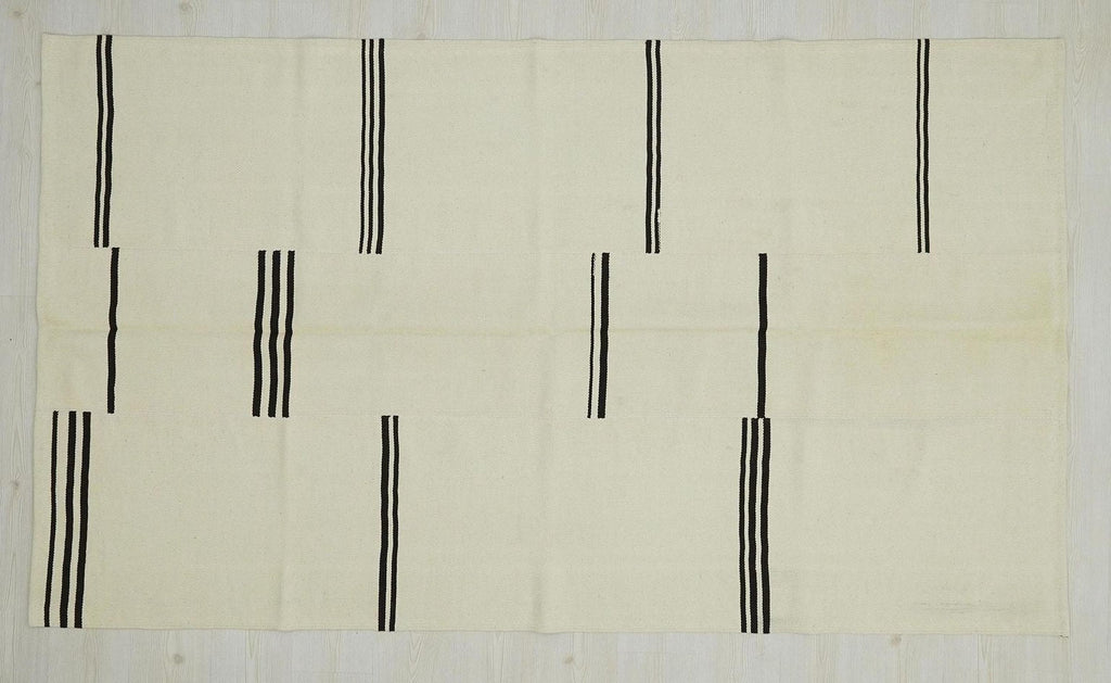 Handmade Wool Kilim Rug: Cream & Brown Broken Stripe, Scandinavian Style Rugs, 5x8 ft.