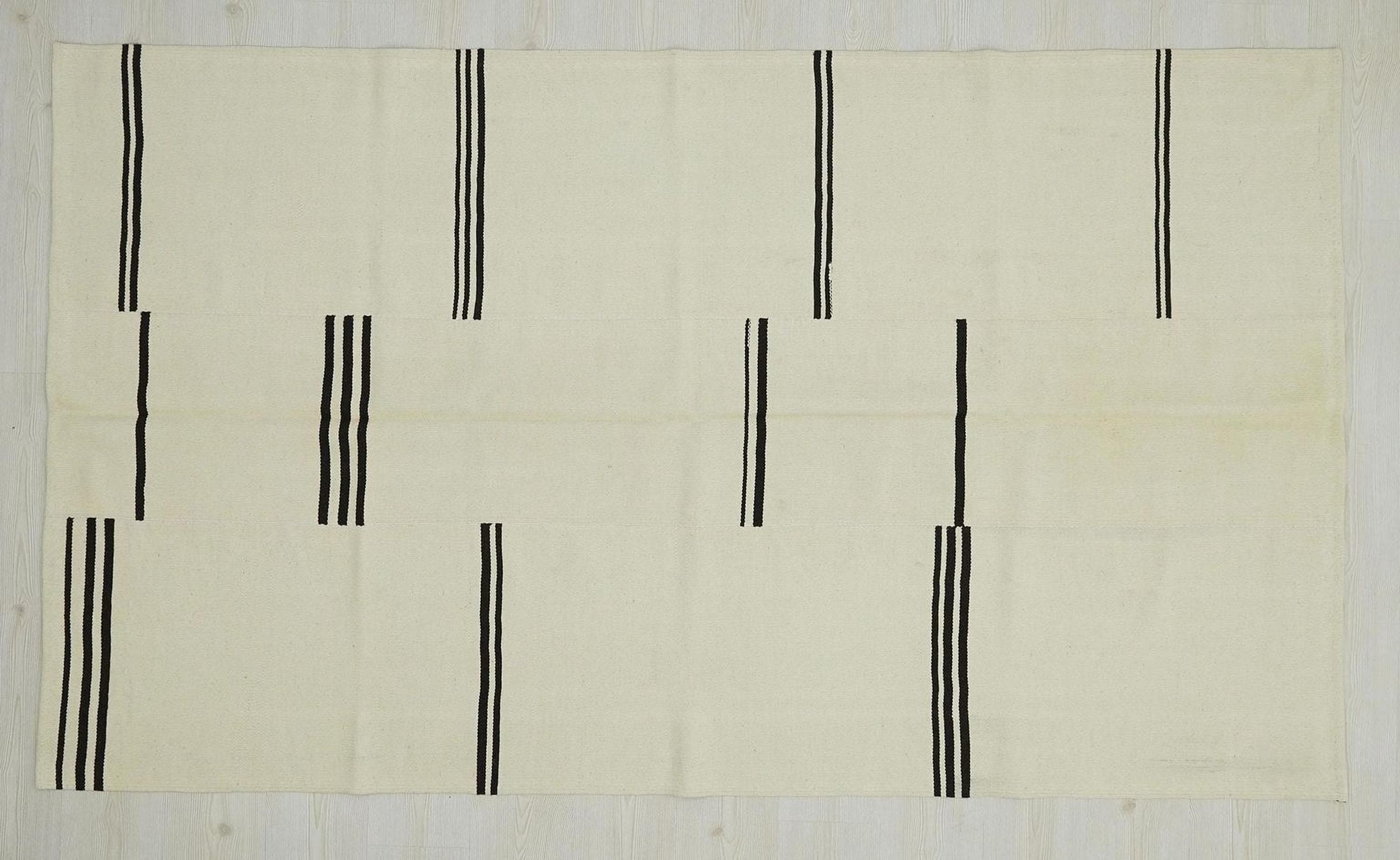 Handmade Wool Kilim Rug: Cream & Brown Broken Stripe, Scandinavian Style Rugs, 5x8 ft.