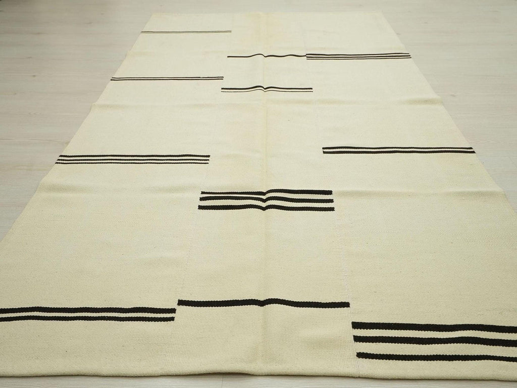 Handmade Wool Kilim Rug: Cream & Brown Broken Stripe, Scandinavian Style Rugs, 5x8 ft.