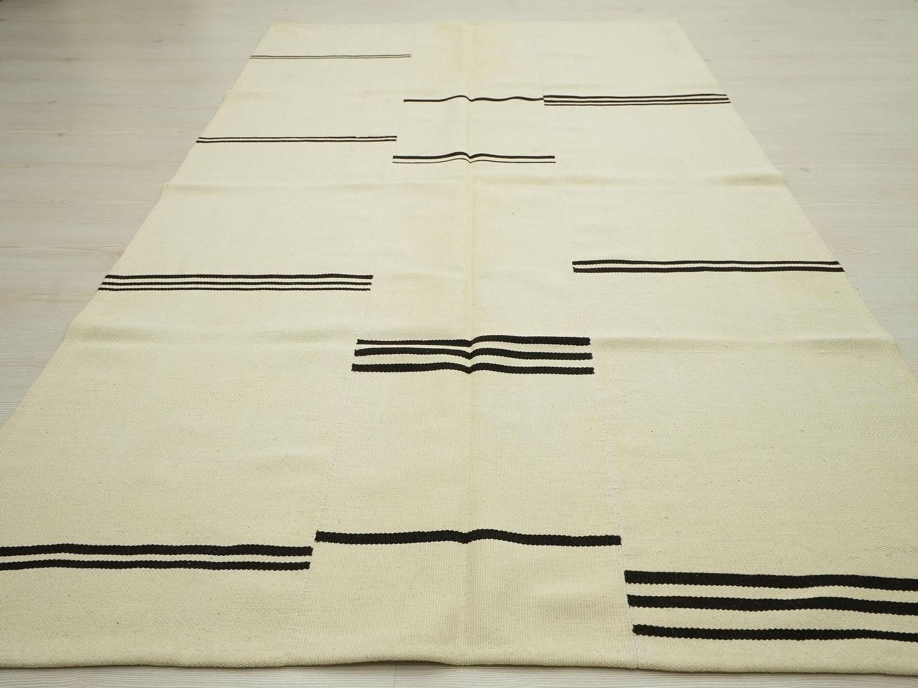 Handmade Wool Kilim Rug: Cream & Brown Broken Stripe, Scandinavian Style Rugs, 5x8 ft.