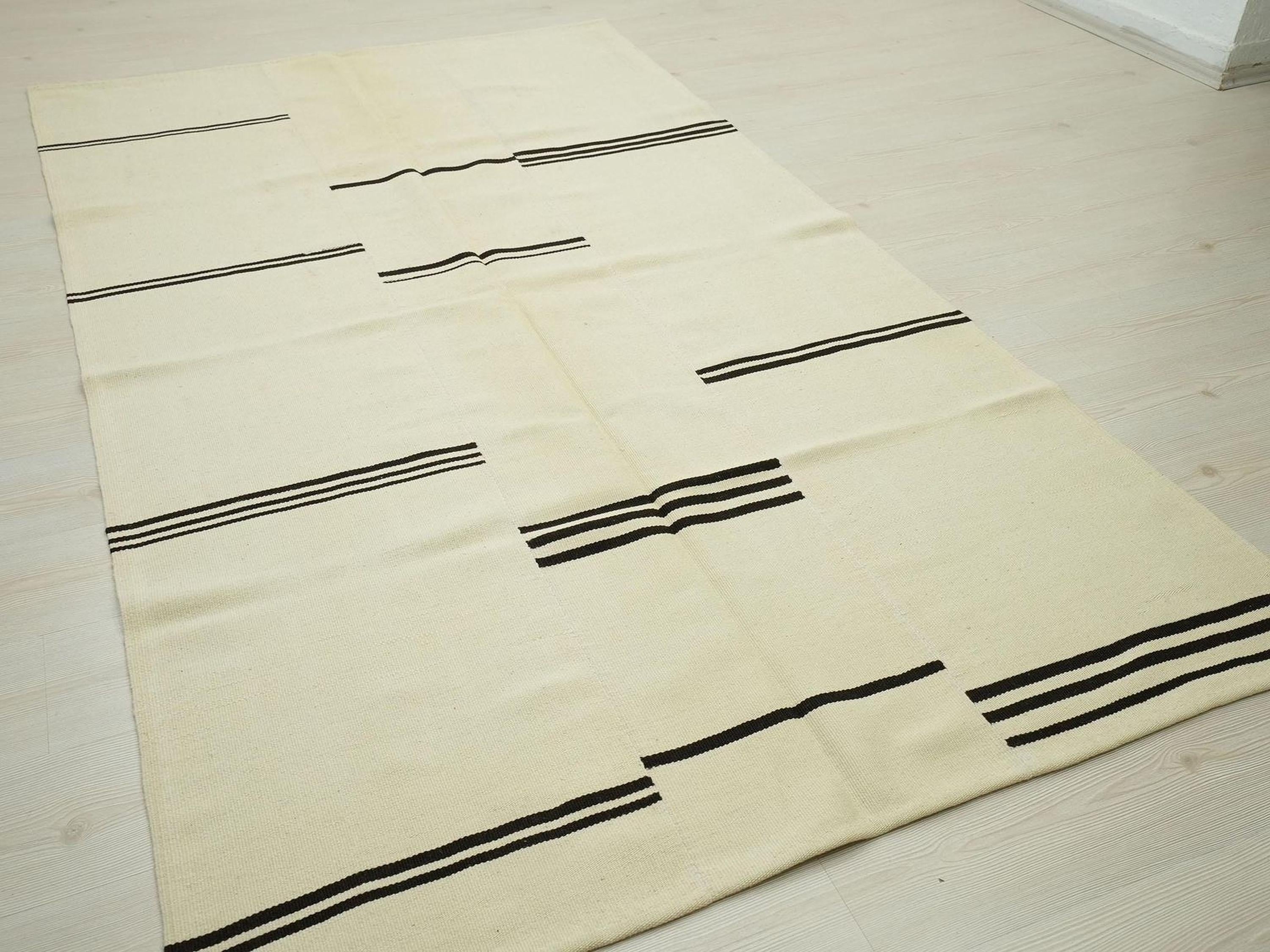 Handmade Wool Kilim Rug: Cream & Brown Broken Stripe, Scandinavian Style Rugs, 5x8 ft.
