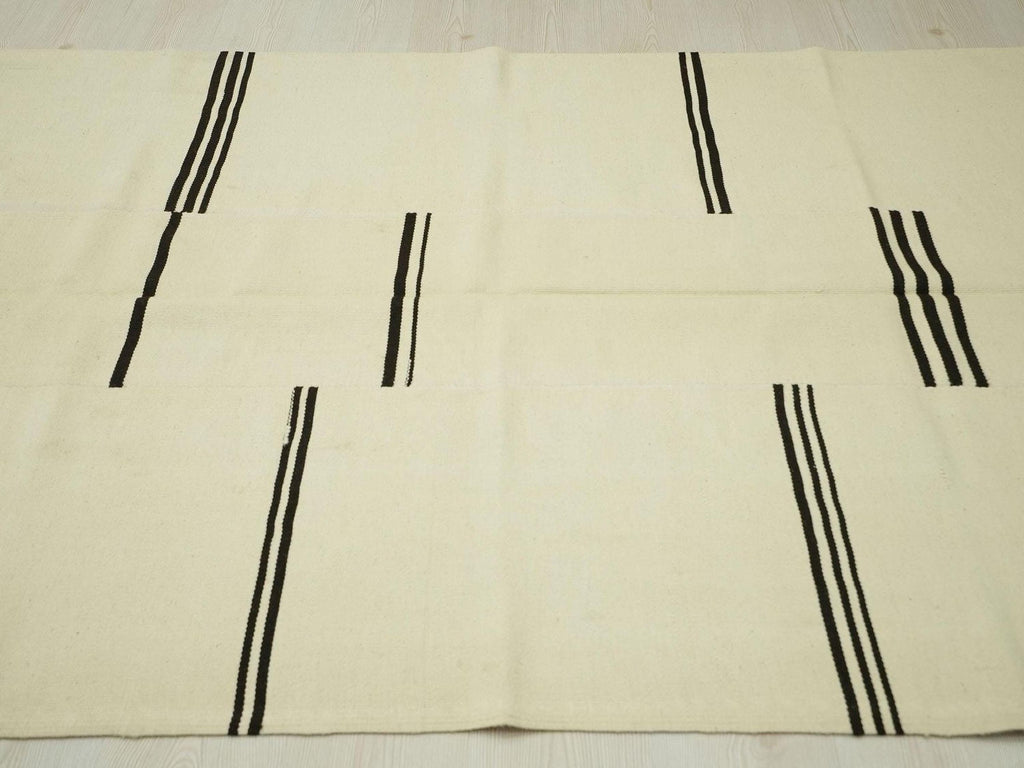 Handmade Wool Kilim Rug: Cream & Brown Broken Stripe, Scandinavian Style Rugs, 5x8 ft.