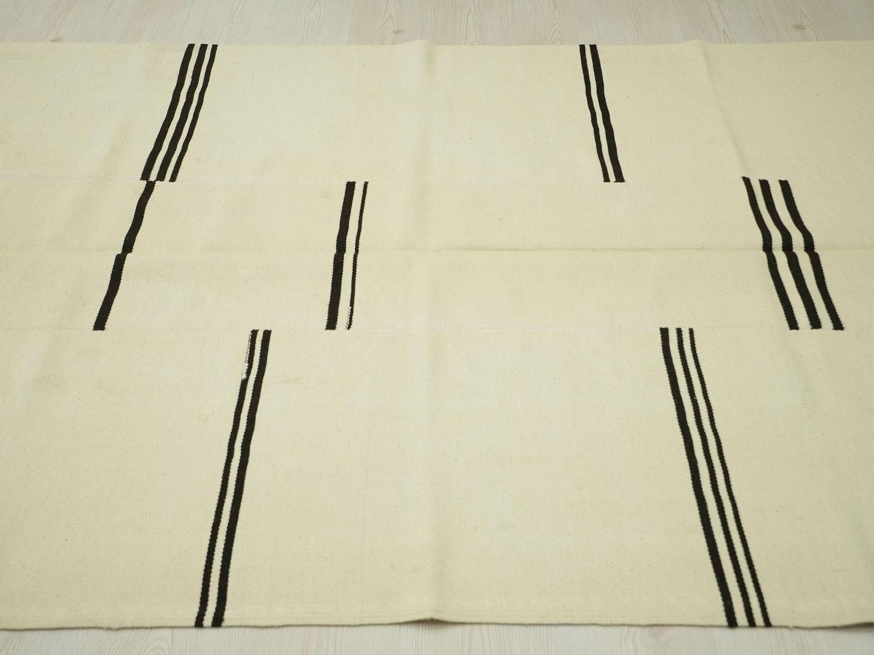 Handmade Wool Kilim Rug: Cream & Brown Broken Stripe, Scandinavian Style Rugs, 5x8 ft.