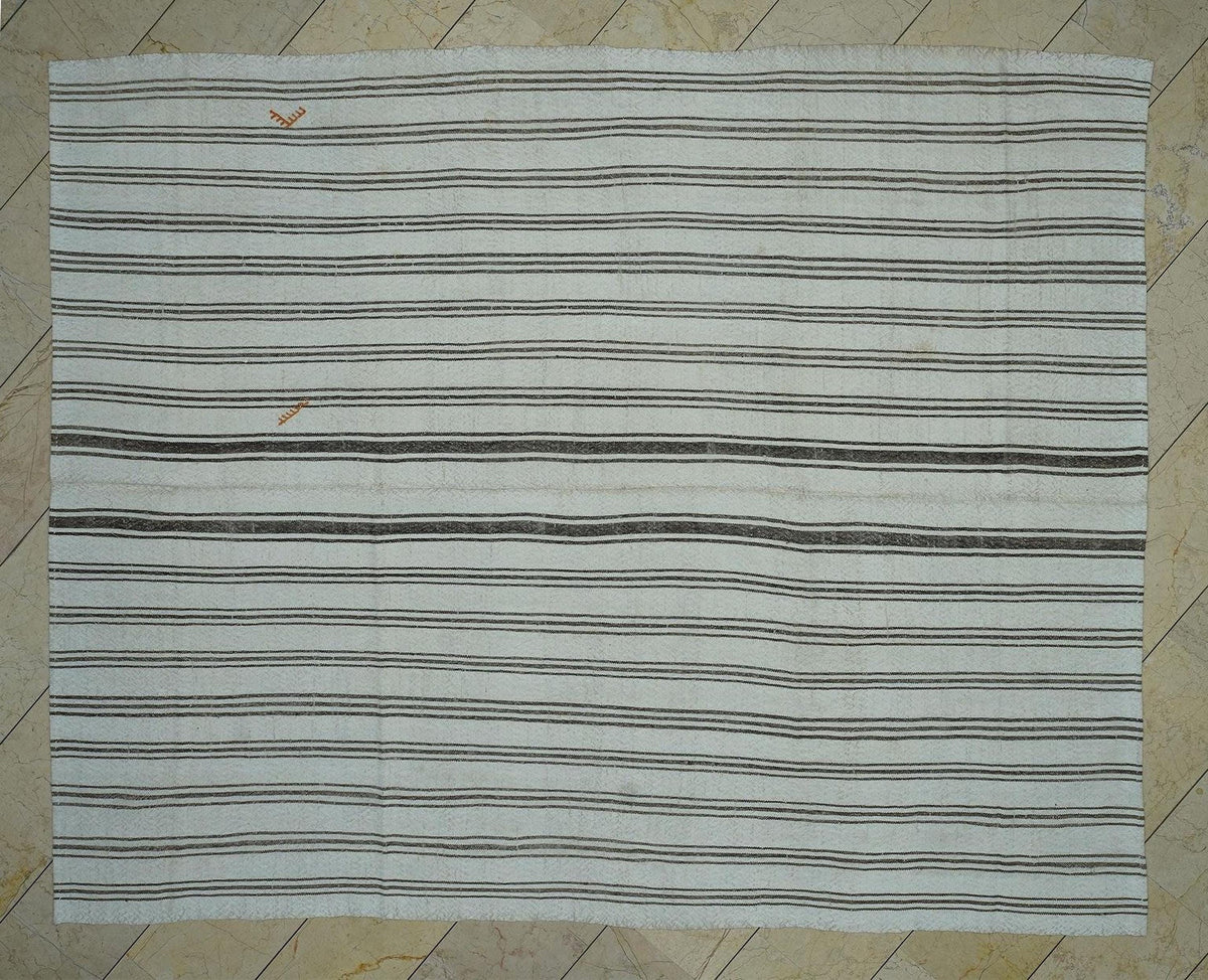 8x10 Minimalist Home Style Decor Striped Kilim Rug: Brown & White Vintage Turkish Rugs.