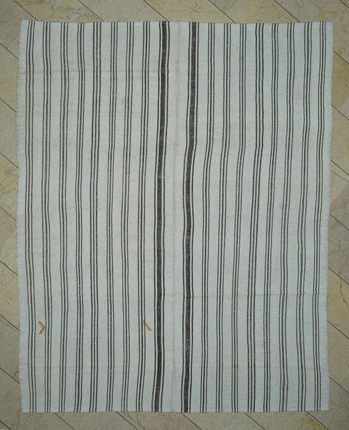 8x10 Minimalist Home Style Decor Striped Kilim Rug: Brown & White Vintage Turkish Rugs.