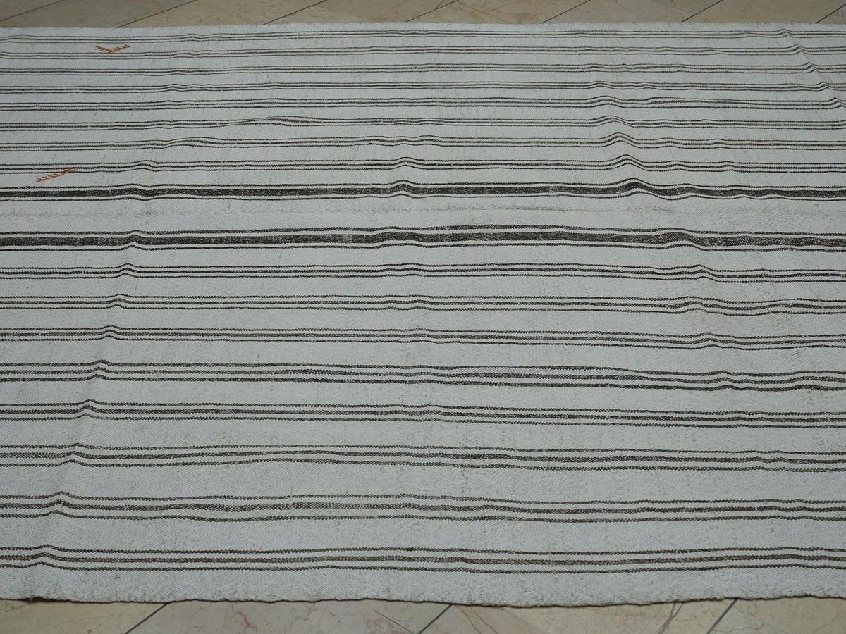 8x10 Minimalist Home Style Decor Striped Kilim Rug: Brown & White Vintage Turkish Rugs.