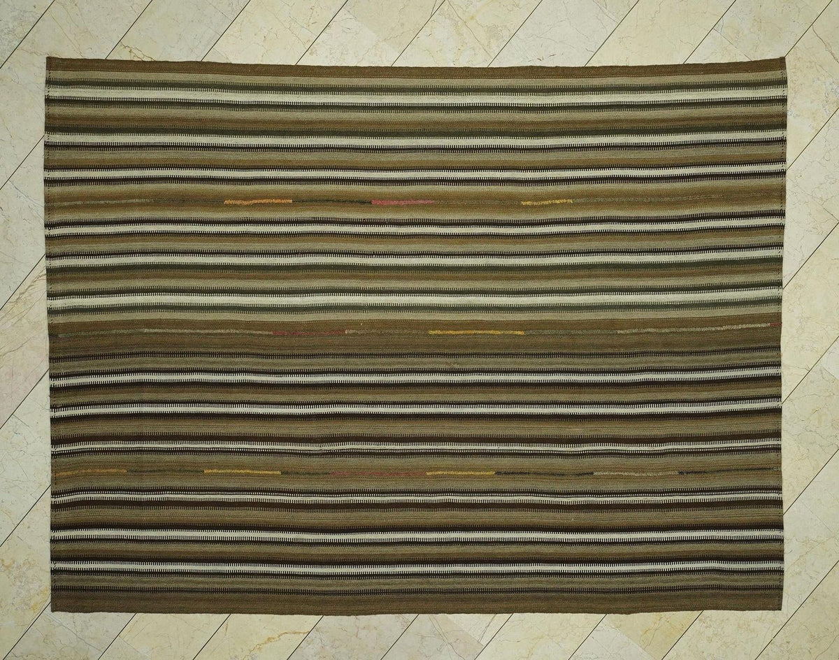 Neutral Stripe One Of A Kind Turkish Kilim Rug: 7.5x10 Feet,Primitive Wool Handmade Rugs.