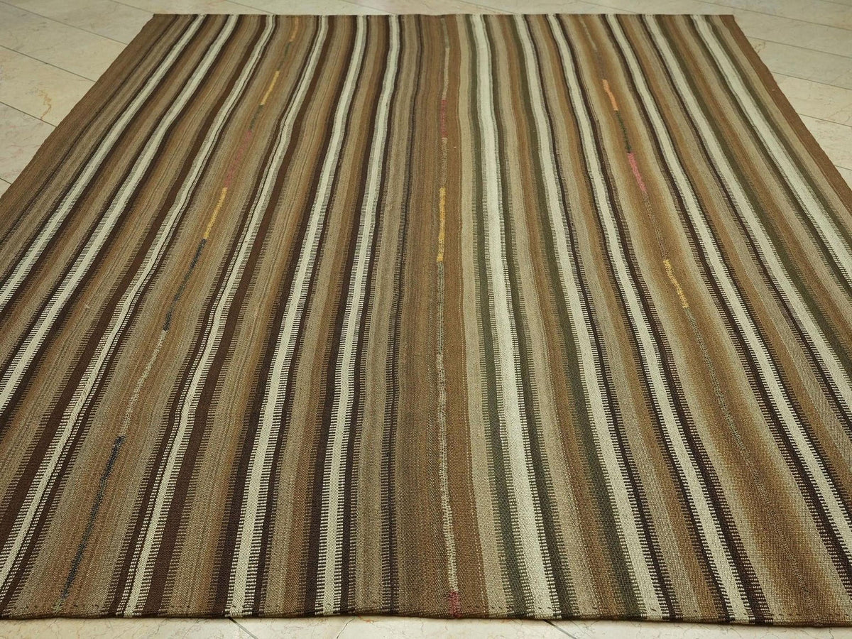 Neutral Stripe One Of A Kind Turkish Kilim Rug: 7.5x10 Feet,Primitive Wool Handmade Rugs.