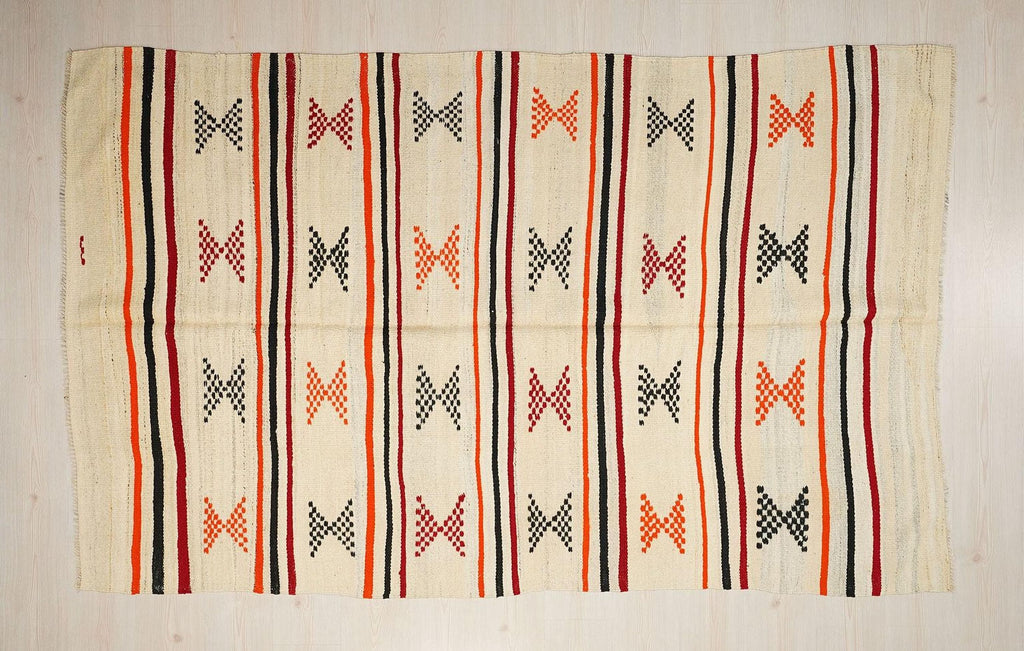 5x8 Orange Stripe Cream Old Turkish Kilim Rug: Minimalist Home Style Floor Decor Rugs.