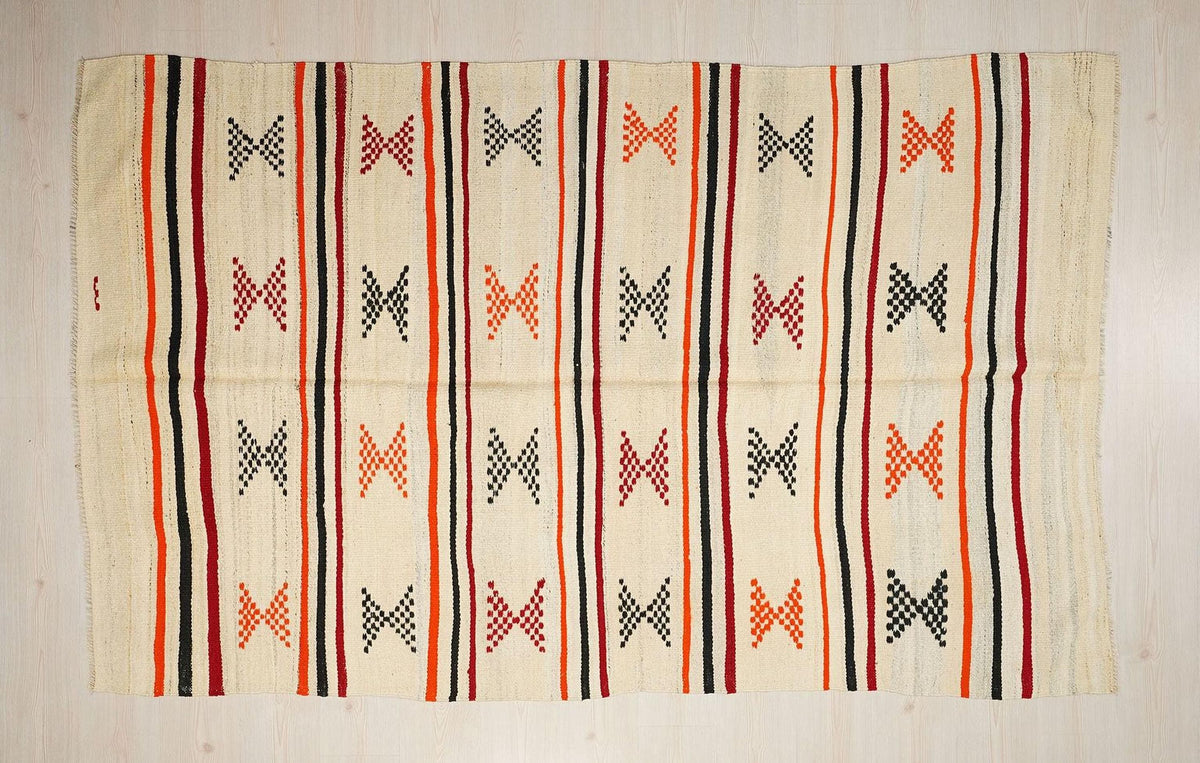 5x8 Orange Stripe Cream Old Turkish Kilim Rug: Minimalist Home Style Floor Decor Rugs.