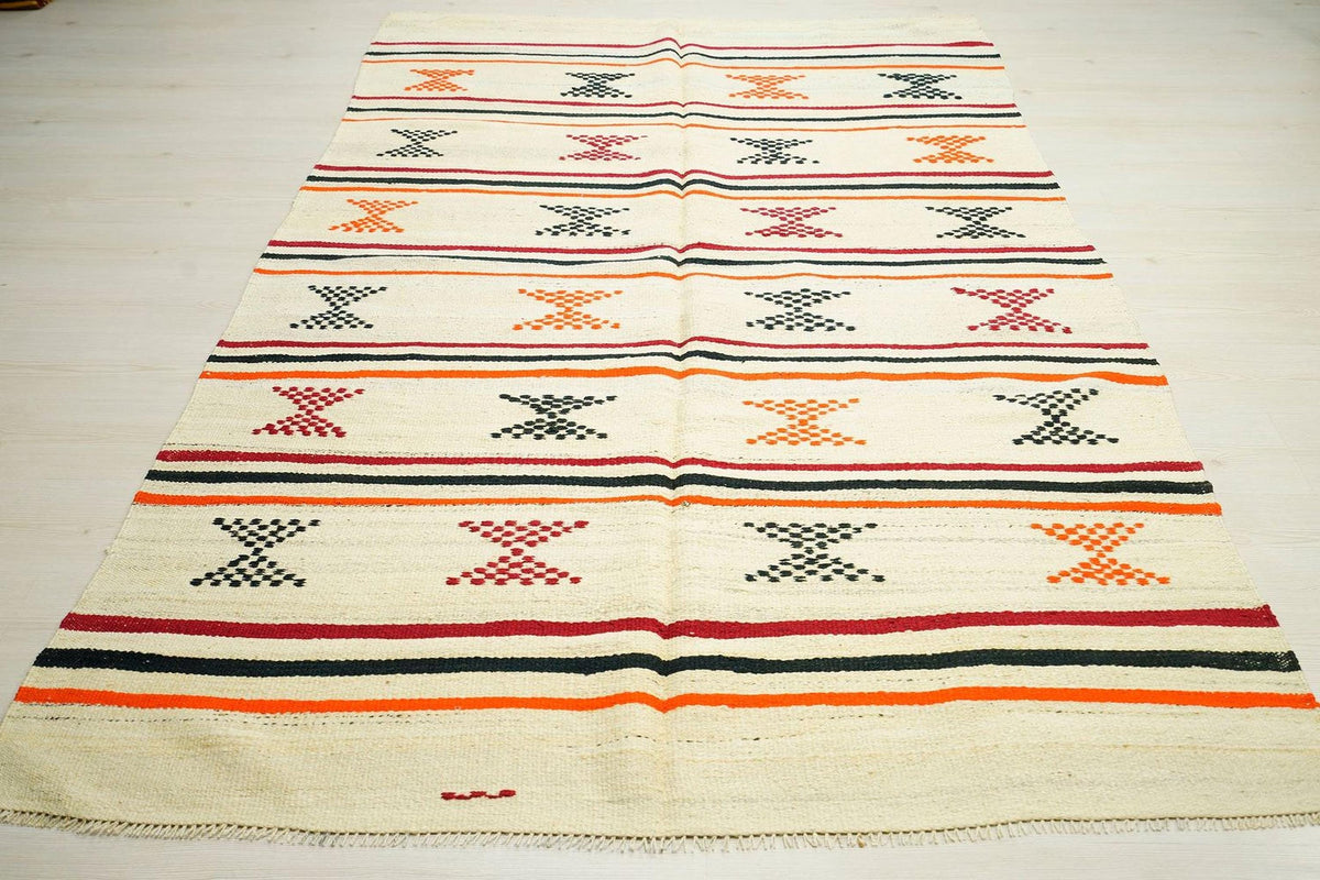 5x8 Orange Stripe Cream Old Turkish Kilim Rug: Minimalist Home Style Floor Decor Rugs.