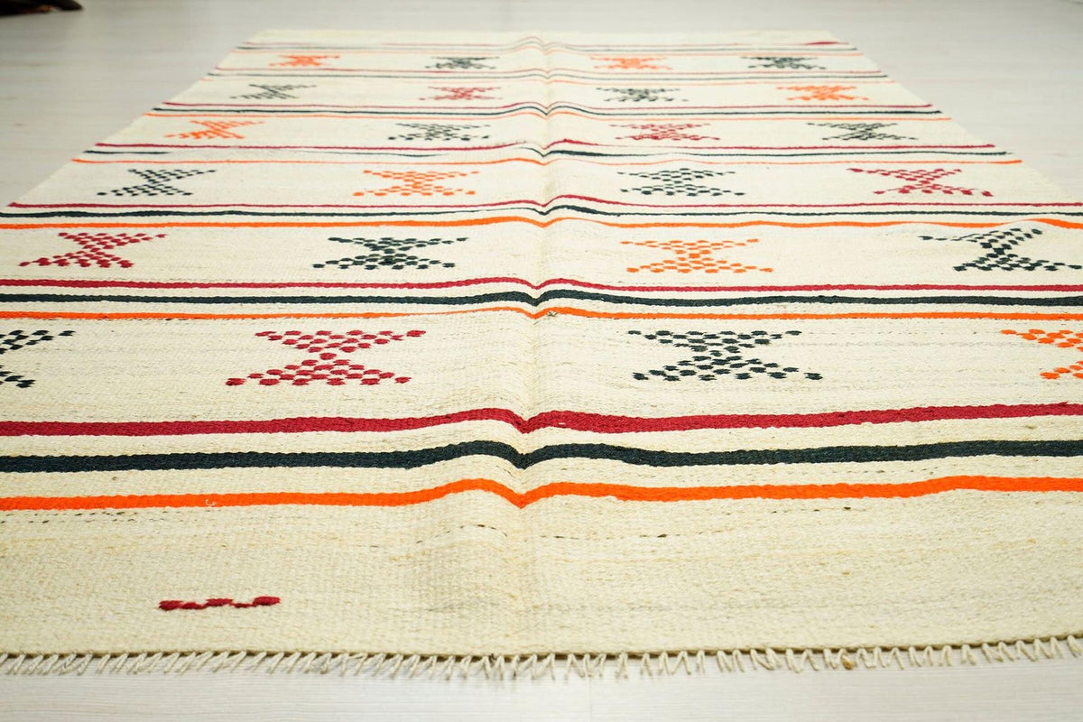 5x8 Orange Stripe Cream Old Turkish Kilim Rug: Minimalist Home Style Floor Decor Rugs.