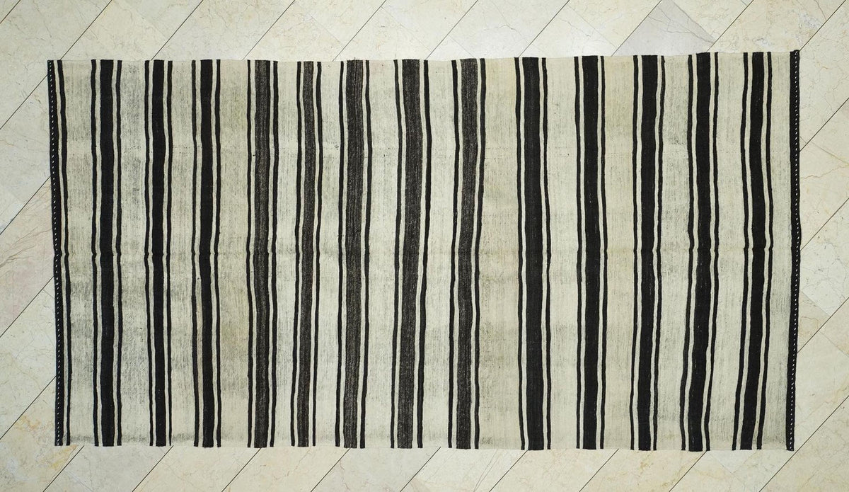 Striped Turkish Kilim Rug: Black & Cream, Flat Weave, 5.9"x11' Vintage Anatolian Rugs