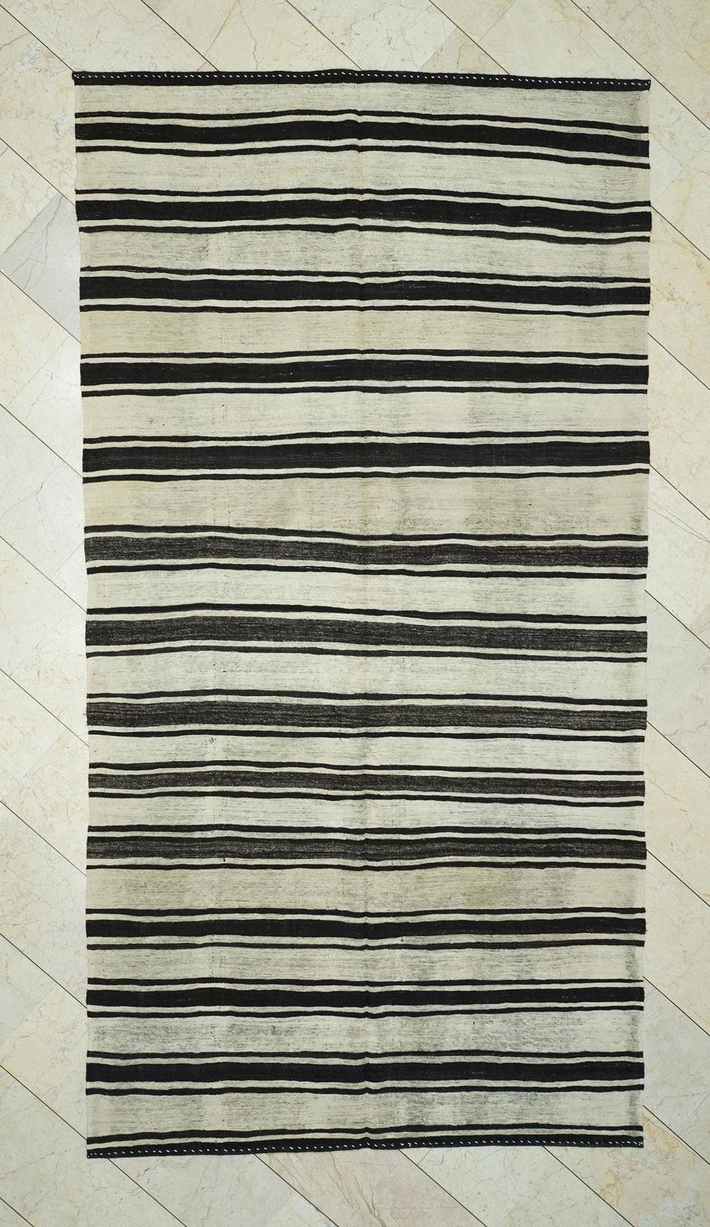 Striped Turkish Kilim Rug: Black & Cream, Flat Weave, 5.9"x11' Vintage Anatolian Rugs