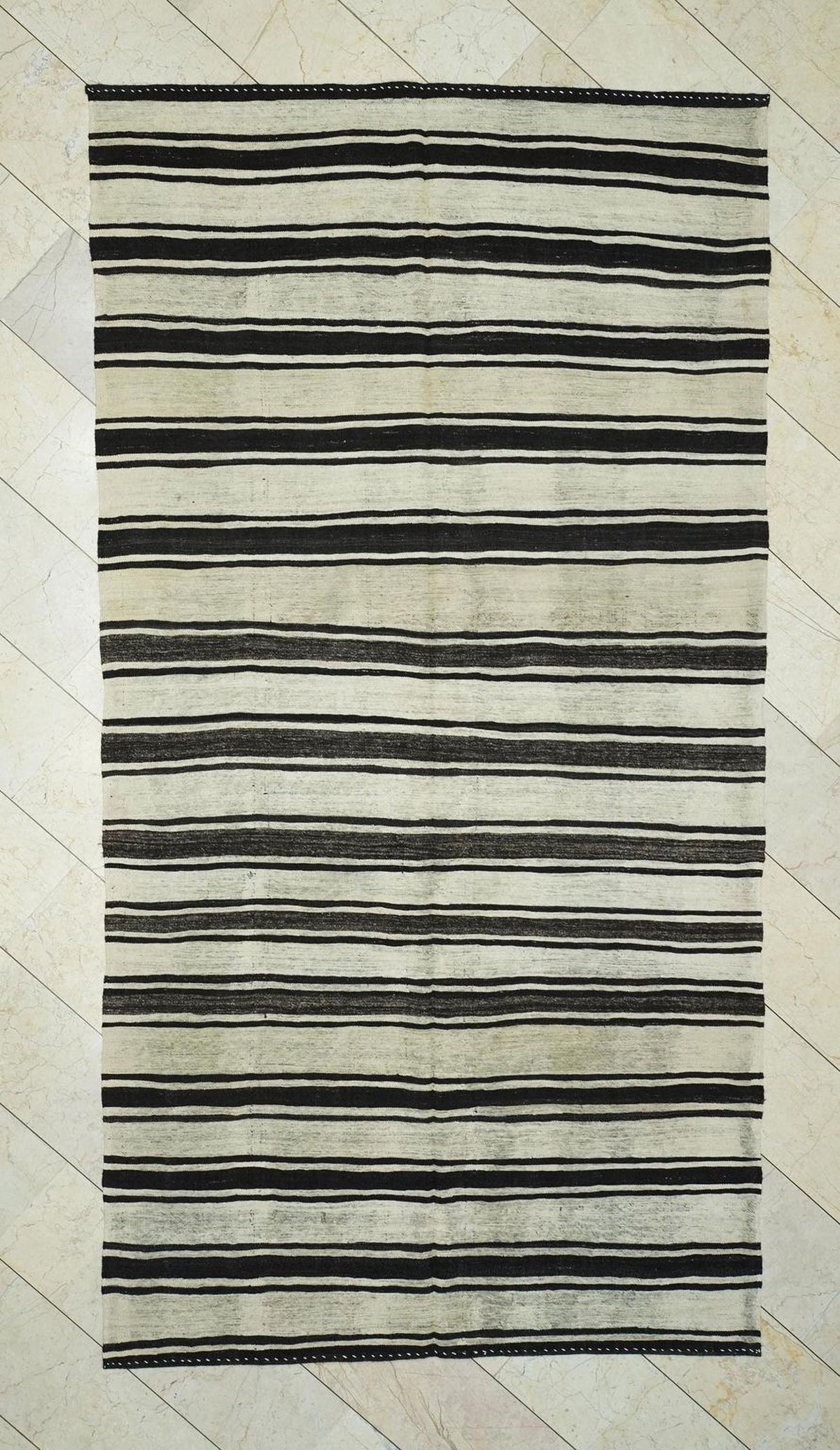 Striped Turkish Kilim Rug: Black & Cream, Flat Weave, 5.9"x11' Vintage Anatolian Rugs