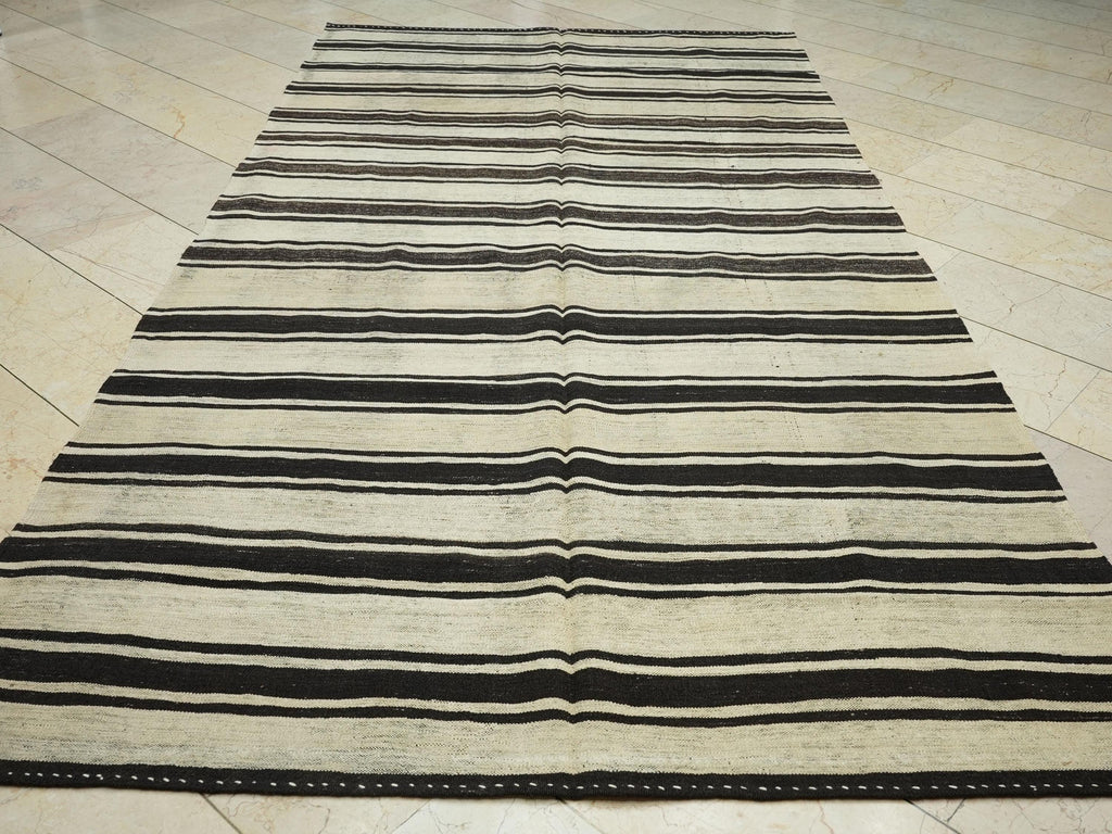 Striped Turkish Kilim Rug: Black & Cream, Flat Weave, 5.9"x11' Vintage Anatolian Rugs