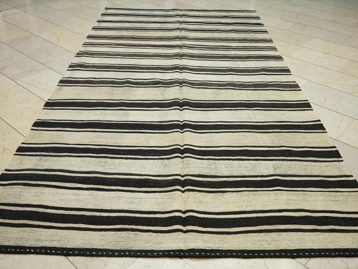 Striped Turkish Kilim Rug: Black & Cream, Flat Weave, 5.9"x11' Vintage Anatolian Rugs