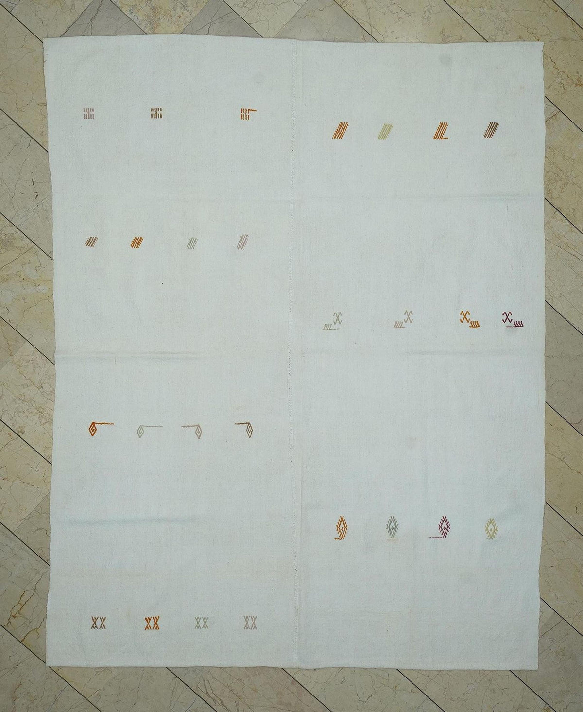 White Turkish Kilim Rug: Handwoven Cotton Flat Weave Rugs 6.6"x8.5" Feet.