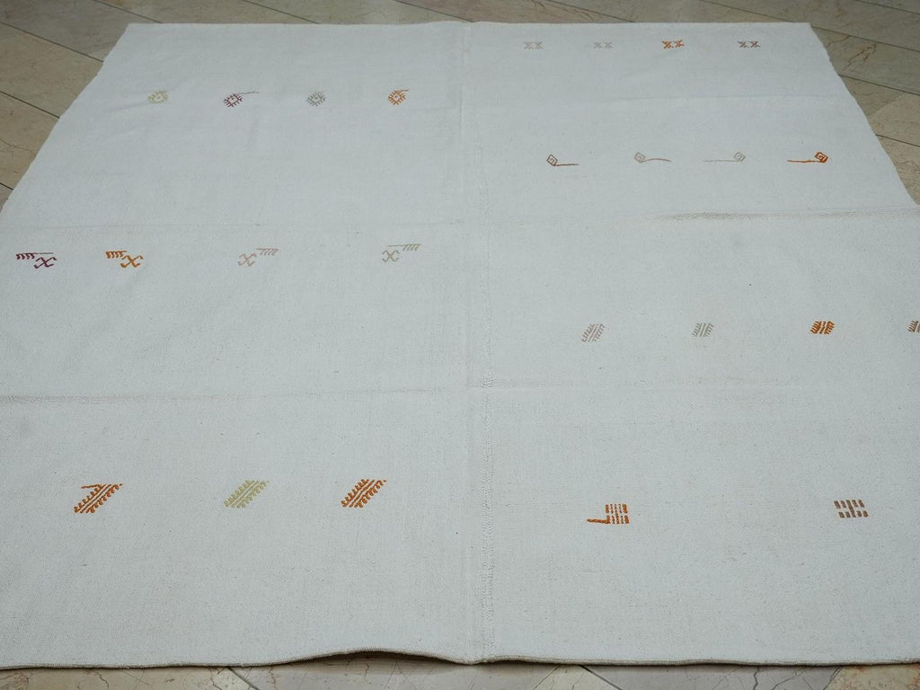 White Turkish Kilim Rug: Handwoven Cotton Flat Weave Rugs 6.6"x8.5" Feet.