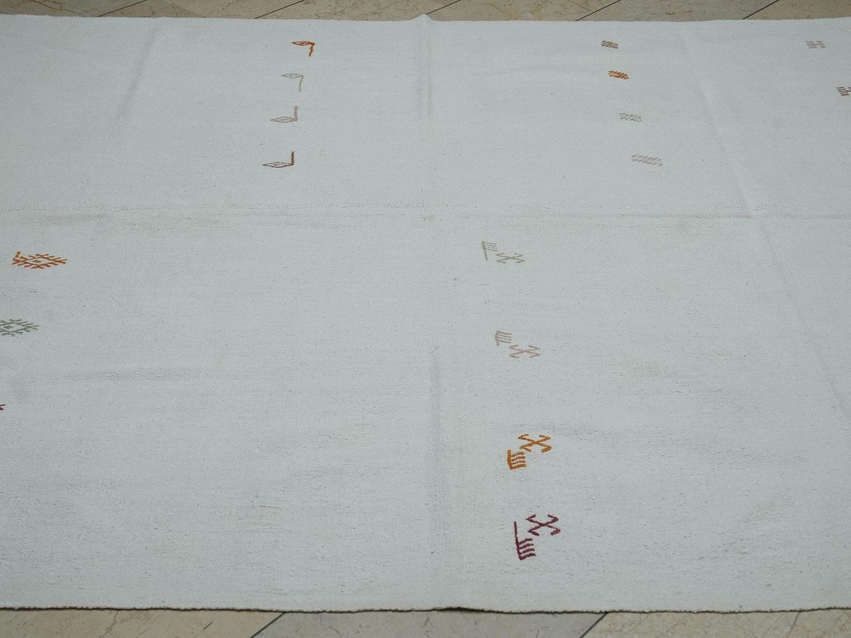 White Turkish Kilim Rug: Handwoven Cotton Flat Weave Rugs 6.6"x8.5" Feet.