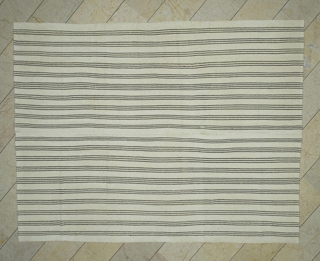 Turkish Striped Kilim Rug: 7x9 Natural Wool Rugs.