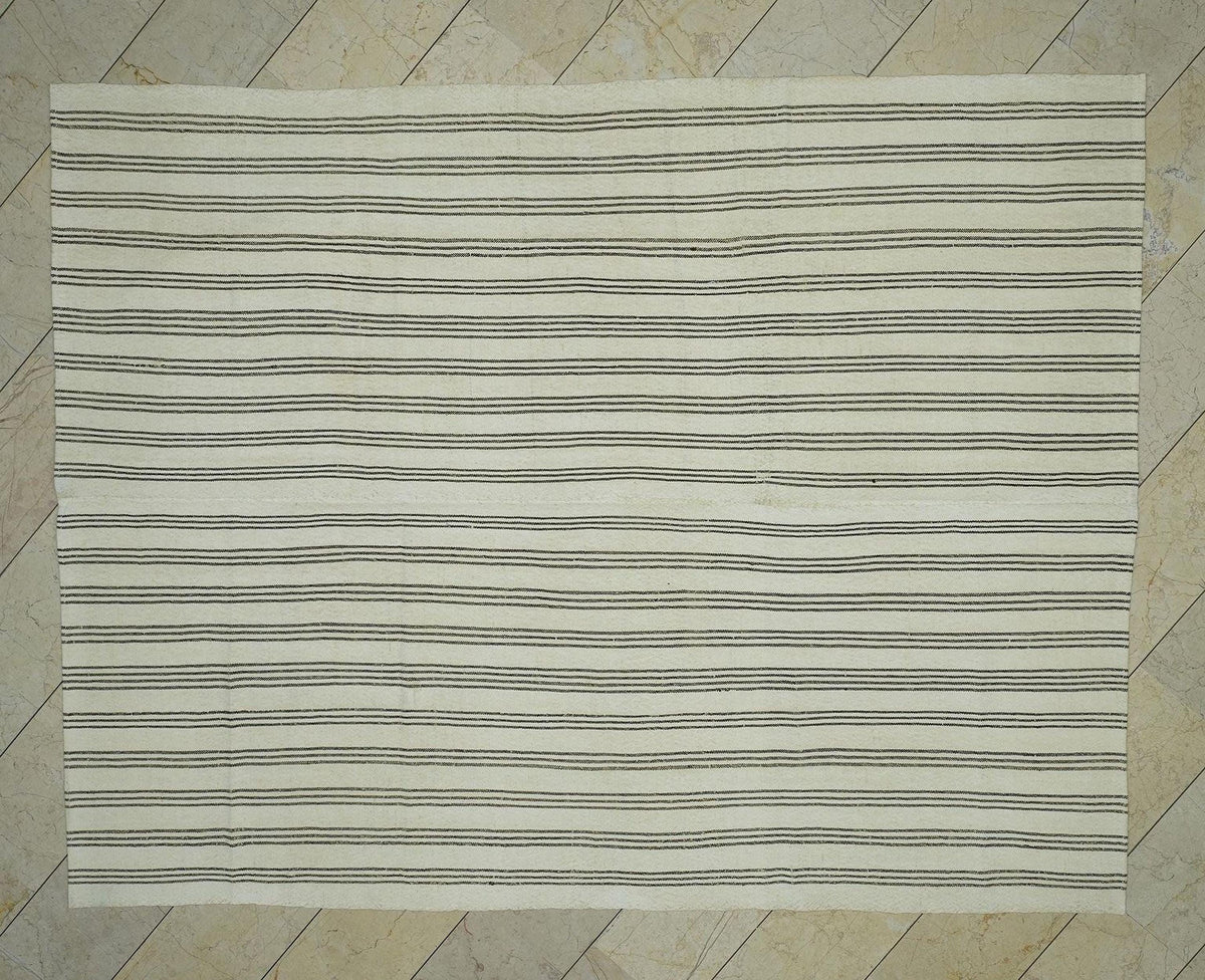 Turkish Striped Kilim Rug: 7x9 Natural Wool Rugs.