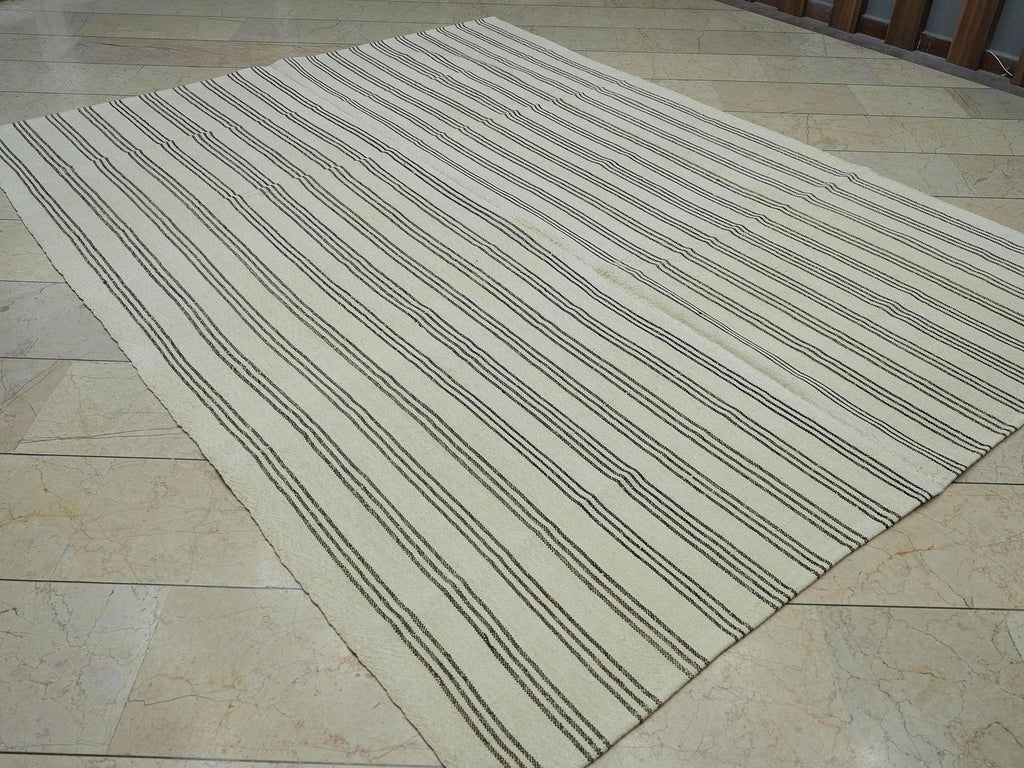 Turkish Striped Kilim Rug: 7x9 Natural Wool Rugs.