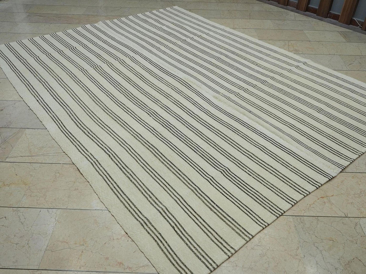 Turkish Striped Kilim Rug: 7x9 Natural Wool Rugs.
