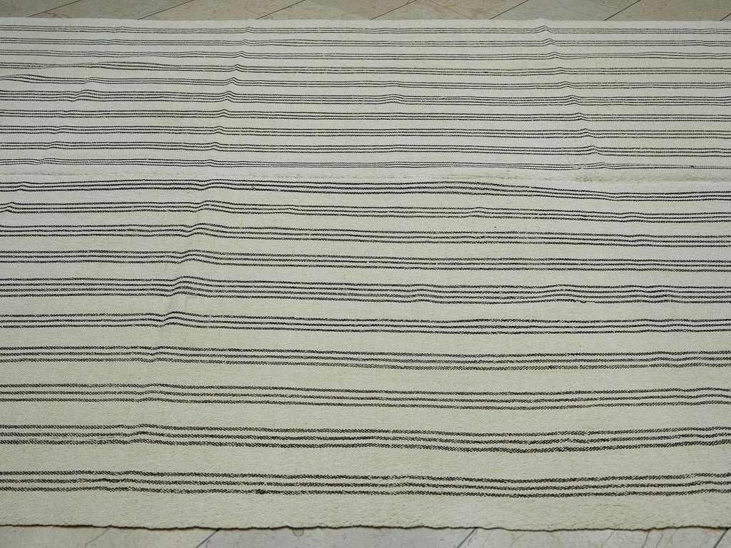 Turkish Striped Kilim Rug: 7x9 Natural Wool Rugs.
