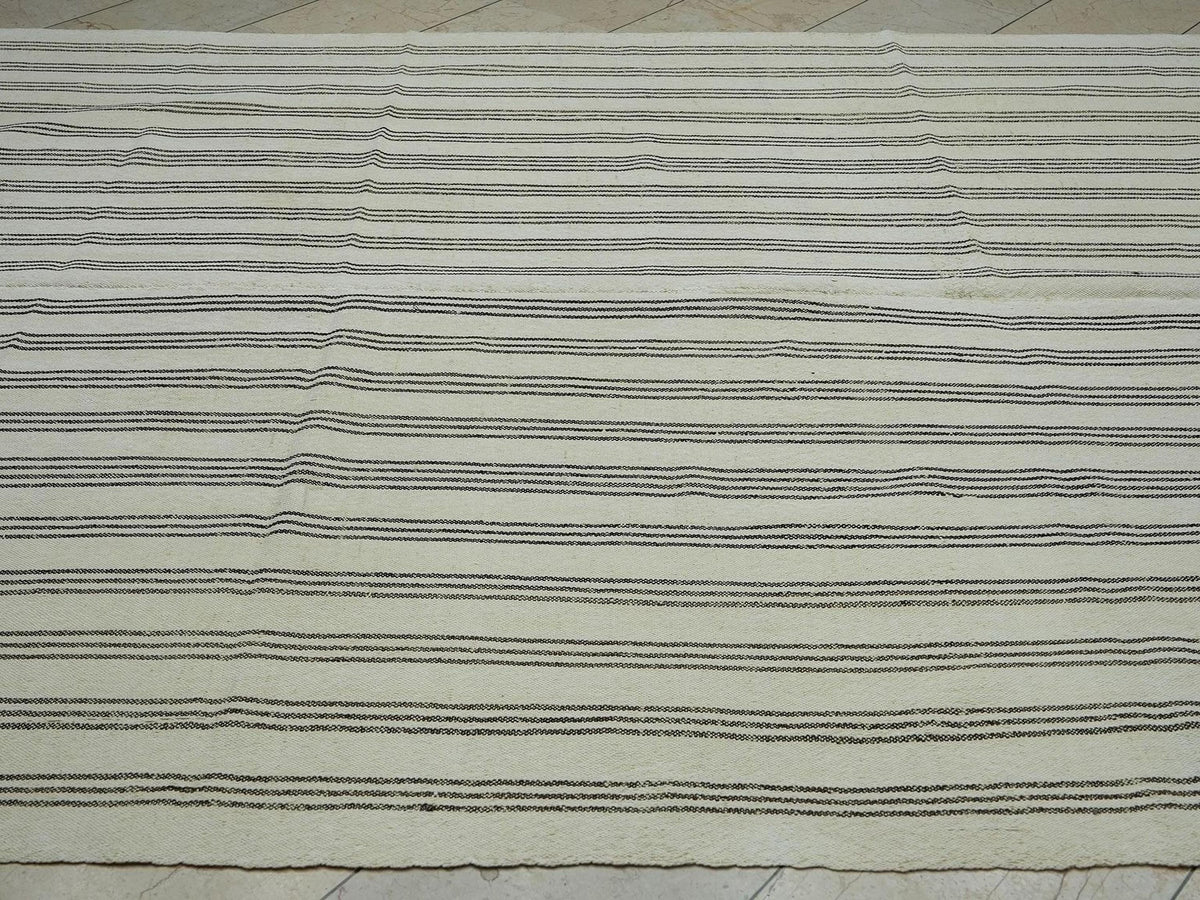Turkish Striped Kilim Rug: 7x9 Natural Wool Rugs.