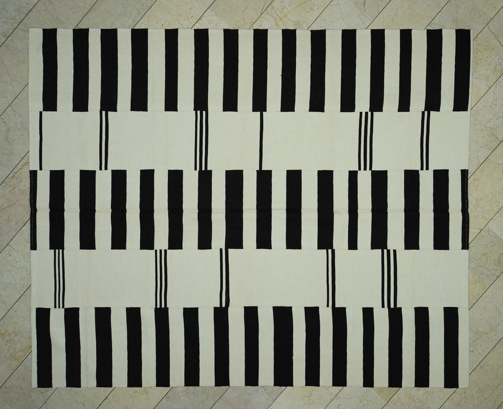 Striped Turkish Kilim Rug: Brown & White Flat Woven Scandinavian Style Rugs 8x10
