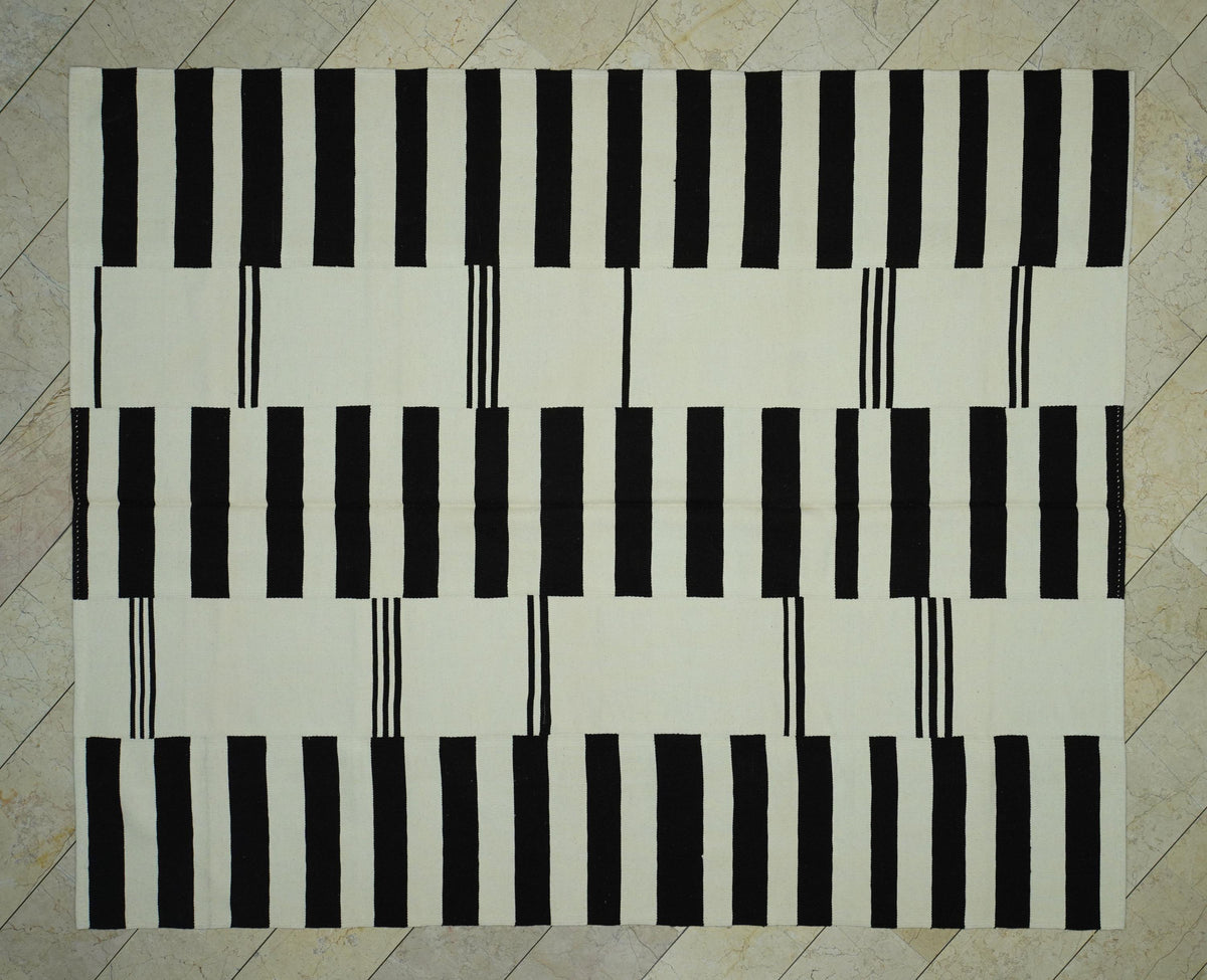 Striped Turkish Kilim Rug: Brown & White Flat Woven Scandinavian Style Rugs 8x10