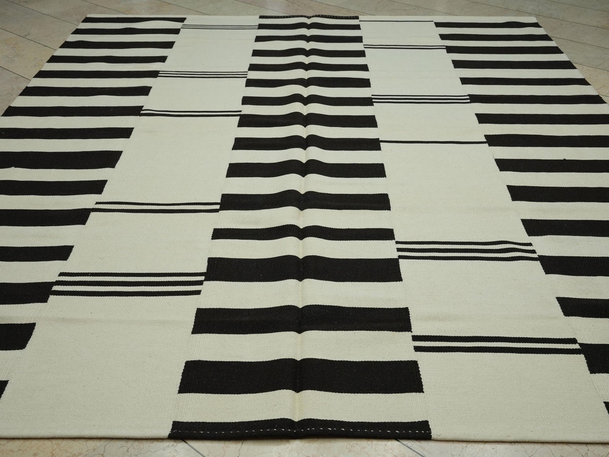 Striped Turkish Kilim Rug: Brown & White Flat Woven Scandinavian Style Rugs 8x10