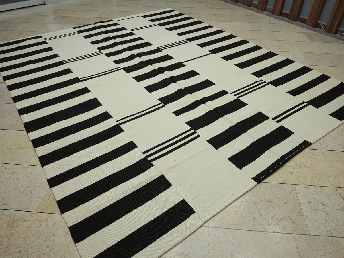 Striped Turkish Kilim Rug: Brown & White Flat Woven Scandinavian Style Rugs 8x10