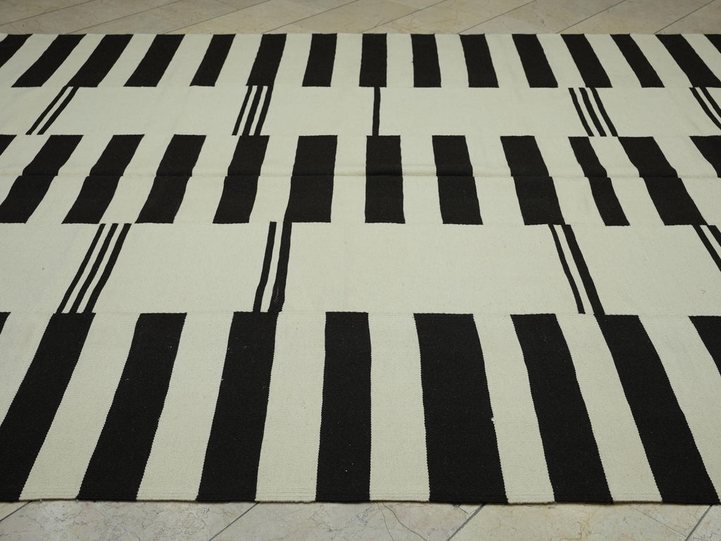 Striped Turkish Kilim Rug: Brown & White Flat Woven Scandinavian Style Rugs 8x10