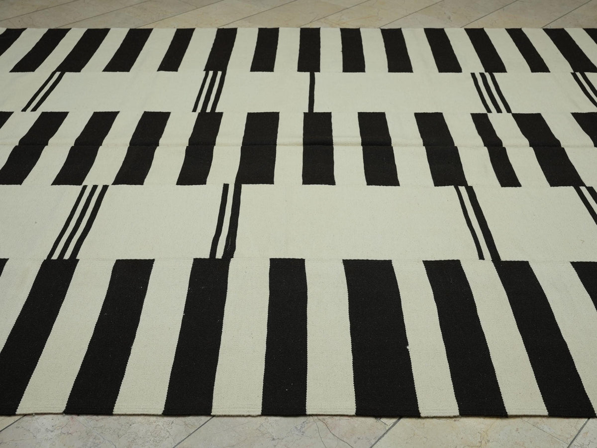 Striped Turkish Kilim Rug: Brown & White Flat Woven Scandinavian Style Rugs 8x10