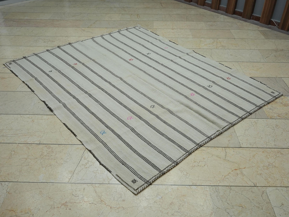 Minimalist Decor Wool Flat Weave Striped Kilim Rug:5.3x6.6 Feet,Turkish Area Rugs