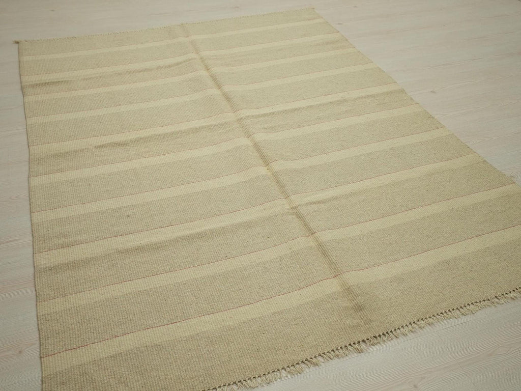 Striped Wool Kilim Rug: Small Bohemian Flat Weave Rugs, 5.2x6.8 ft.