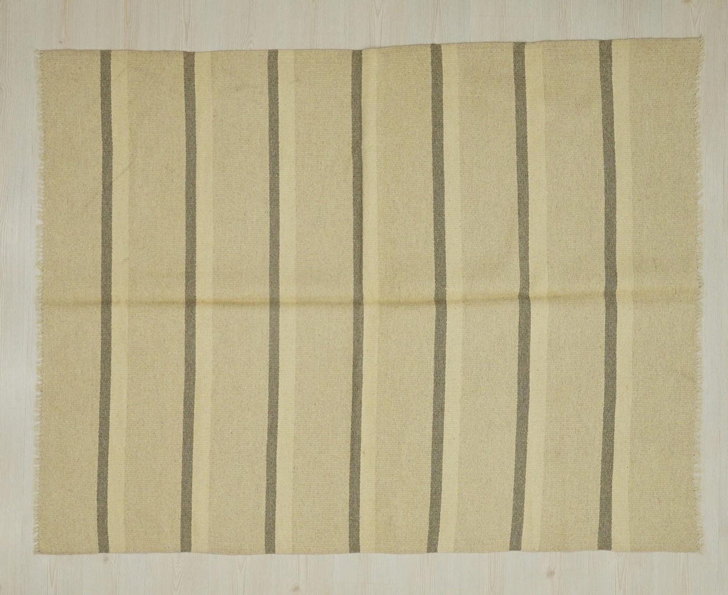 Small Cream & Gray Striped Kilim Rug: Handmade Flat Weave Wool Rugs, 5.2x6.7 ft.