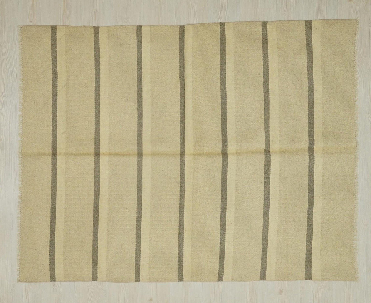 Small Cream & Gray Striped Kilim Rug: Handmade Flat Weave Wool Rugs, 5.2x6.7 ft.
