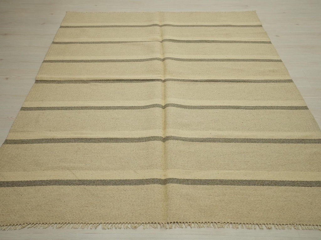 Small Cream & Gray Striped Kilim Rug: Handmade Flat Weave Wool Rugs, 5.2x6.7 ft.