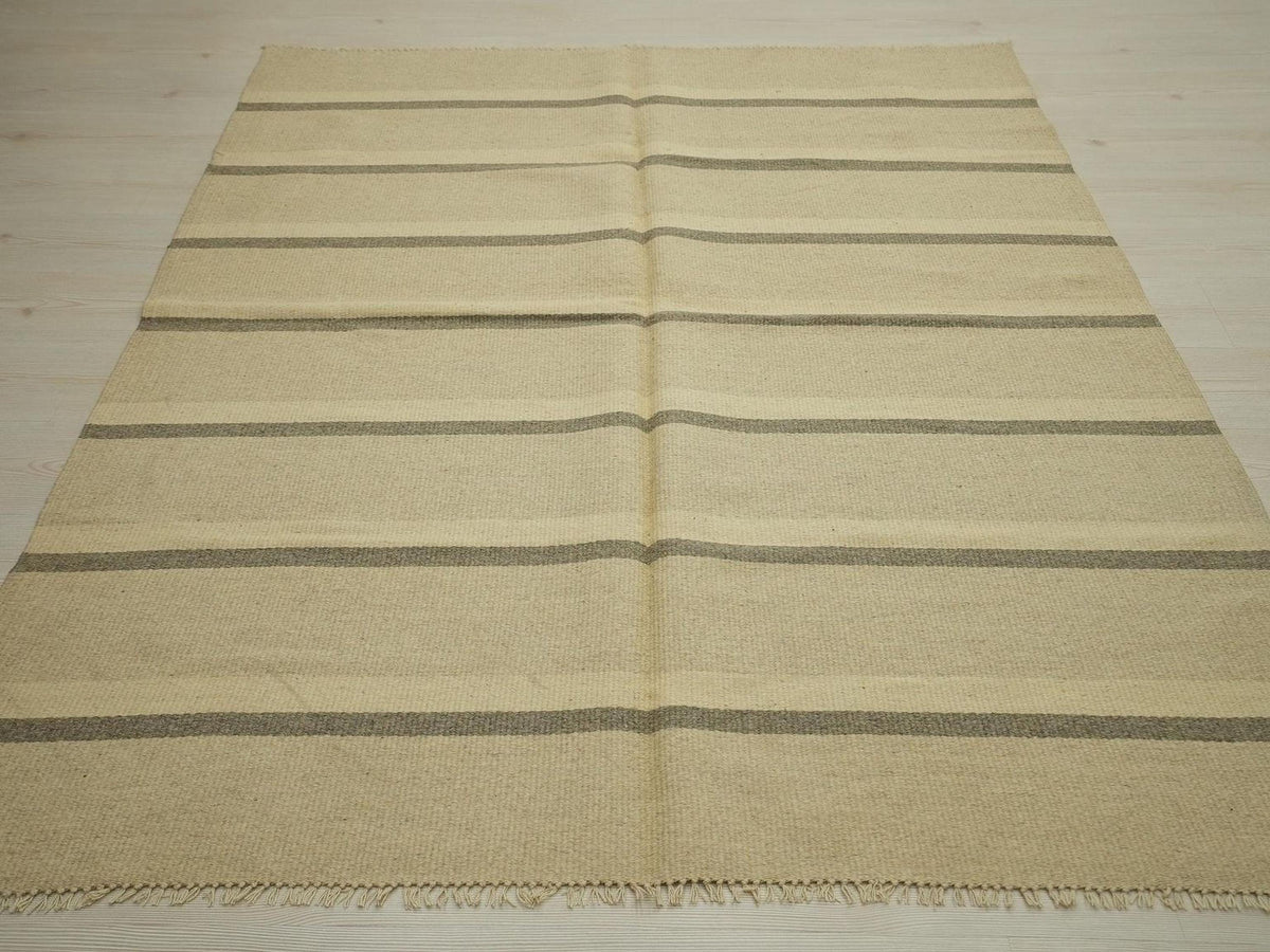 Small Cream & Gray Striped Kilim Rug: Handmade Flat Weave Wool Rugs, 5.2x6.7 ft.