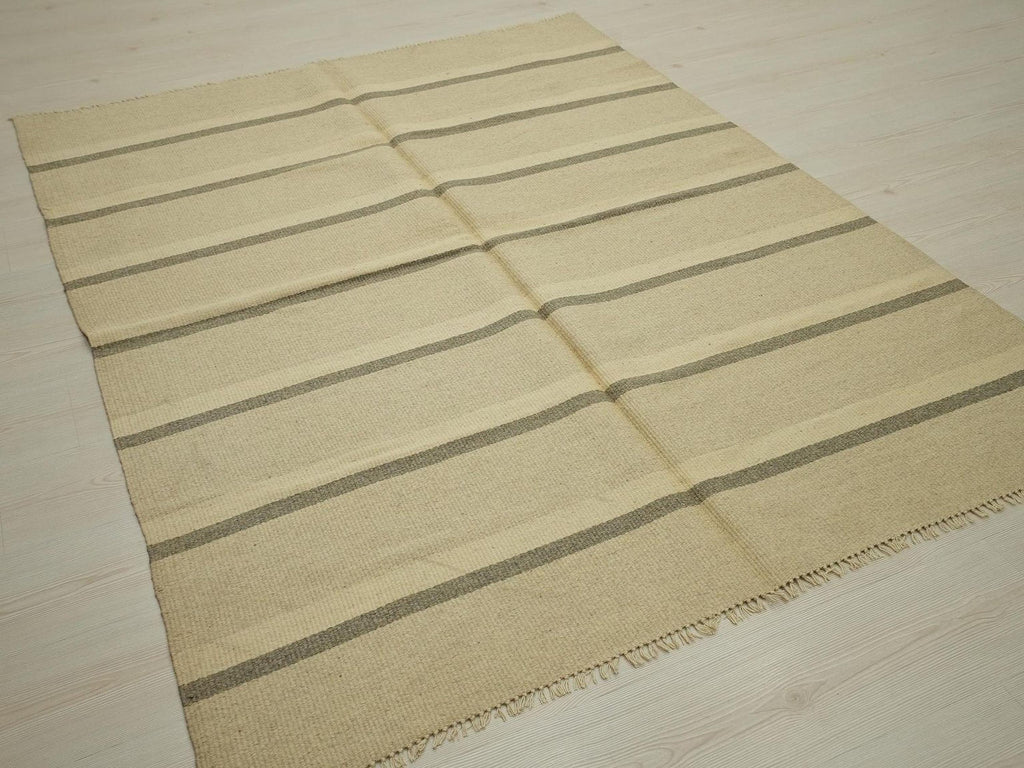 Small Cream & Gray Striped Kilim Rug: Handmade Flat Weave Wool Rugs, 5.2x6.7 ft.